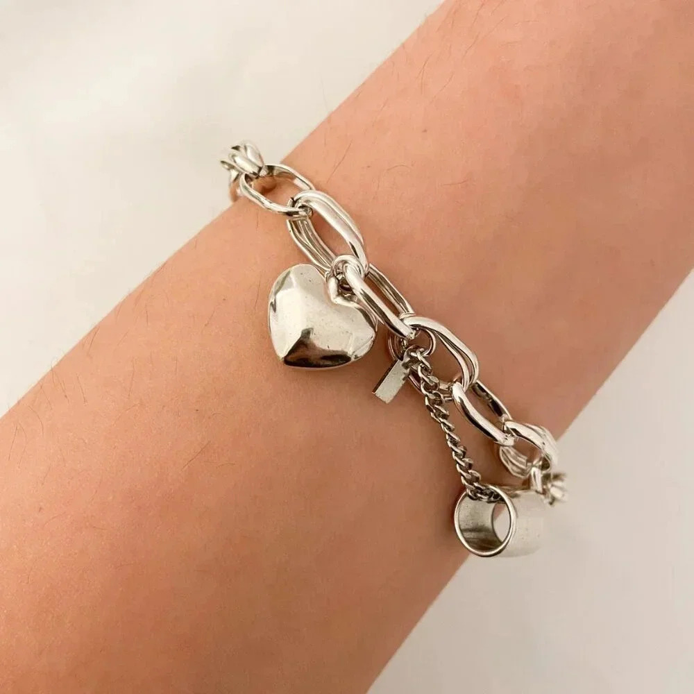925 Sterling Silver Heart Link Bracelet Chunky Statement Bracelet Heart Charm